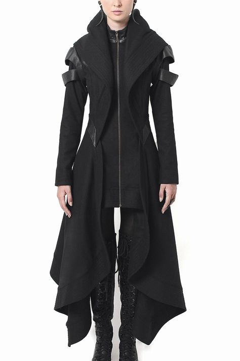 Avant Long Coat - GELAREH Mode Steampunk, Hooded Wool Coat, Mode Costume, Langer Mantel, Women Overcoat, Black Clothing, Futuristic Fashion, Black Women Fashion, Mode Inspo