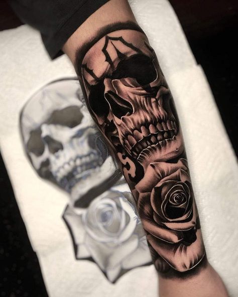 Cruces Tattoo, Chucky Tattoo, Skull Rose Tattoos, Skull Hand Tattoo, Aztec Tattoo Designs, Skull Sleeve Tattoos, Realistic Tattoo Sleeve, Forearm Sleeve Tattoos, Cool Forearm Tattoos