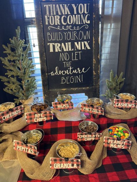 Trail Mix Bar Birthday Party, Trail Ride Party Ideas, Eagle Scout Trail Mix Bar, Lumberjack Trail Mix Bar, Create Your Own Trail Mix Bar, Make Your Own Trail Mix Bar, Moose Birthday Party, Trail Mix Bar Make Your Own, Trail Mix Bar Ideas