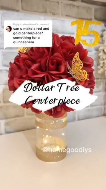 Home Goodiys on Instagram: "✨DIY Dollar Tree Centerpiece Idea✨ Follow me 👉 @homegoodiys for more! ✨Happy Wednesday Ig fam! I fulfilled this DIY request for a red & gold quinceanera centerpiece. Everything I used is from the Dollar Tree, except gold butterflies & 15 sign which are from Amazon. I’ll have them linked in my bio if you want to check them out! ✨This centerpiece was incredibly easy to make and very inexpensive! Hope you enjoy and let me know if you have any questions! 🤗 #diydol 15 Party Ideas Quinceanera, Quince Centerpieces, Centerpieces Quinceanera, Diy Dollar Tree Centerpieces, Dollar Tree Centerpieces, Quince Decor, Sweet 16 Centerpieces, Sweet 15 Party Ideas Quinceanera, Quinceanera Centerpieces