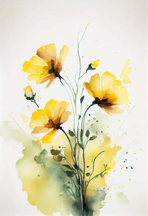 Flowers Drawing With Watercolor, Flower For Watercolor, Yellow Flowers Acrylic Painting, Background Of Flowers, Yellow Watercolour Flower, Flower Water Coloring, Botanical Drawings Watercolor, Flower In Watercolor, Painted Yellow Flowers