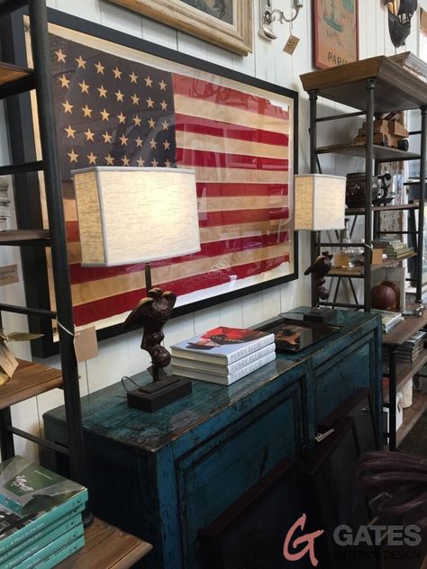 American Flag Living Room, Military Office Decor, Americana Living Rooms, Military Home Decor, Home Gate, Army Decor, Americana Home Decor, Modern Americana, Home Gate Design