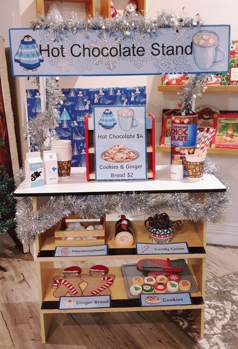 December Dramatic Play Center, Starbucks Preschool Dramatic Play, Christmas Home Living Center Preschool, Dramatic Play Winter Preschool, Sensory Dramatic Play, Hot Chocolate Role Play Eyfs, Dramatic Play Christmas Preschool, Pretend Play Hot Chocolate Stand, Cookie Dramatic Play Center