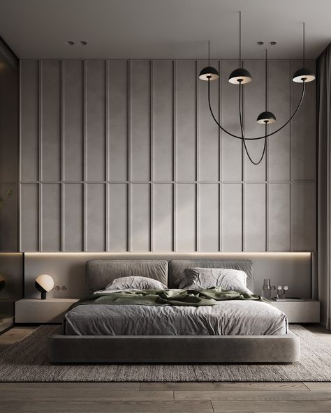 green gray on Behance Wall Slats, تصميم داخلي فاخر, Bedroom Interior Design Luxury, Modern Bedroom Interior, Bedroom Decor Design, Bedroom Bed Design, Bed Furniture Design, It Is, Bedroom Furniture Design