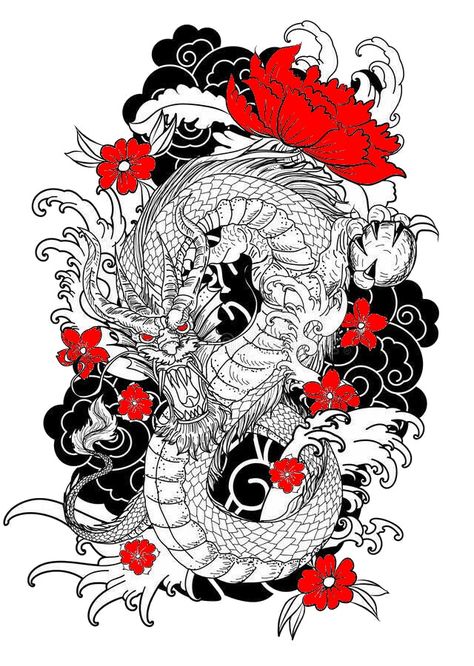 White Dragon With RED Blossoms Red Dragon Black Flowers Tattoo, Dragon Red Tattoo, Black And Red Dragon Tattoo, Dragon Flower Tattoo, Dragon With Flowers, Dragon Tattoo Back, Tattoo Koi, Red Dragon Tattoo, Full Leg Tattoos