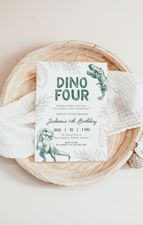 JACKSON | Dino FOUR Stomp Chomp Roar Dinosaur 4th Birthday Party Invitation Green Jurassic T Rex Template Instant Download Editable Invite T Rex Template, Dinosaur 4th Birthday Party, Dinosaur Birthday Invitations, Fourth Birthday, 4th Birthday Parties, 3rd Birthday Parties, Dinosaur Birthday, Invitation Sizes, Birthday Party Invitation