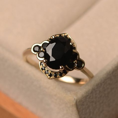 Black Spinel Ring, Yellow Gold, Halo Ring - Etsy Gold Halo Ring, Black Spinel Ring, Onyx Engagement Ring, Spinel Ring, Witch Jewelry, London Blue Topaz Ring, Black Sapphire, Gold Halo, Black Spinel