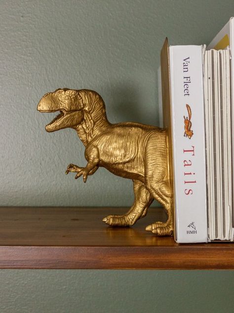 Dinosaur Bookends - Hamilton Park Home Gold Dinosaur Decor, Modern Dinosaur Room, Dinosaur Bedroom Diy, Dino Themed Bedroom, Dinosaur Home Decor, Modern Dinosaur Bedroom, Dinosaur Diy Decor, Bedroom Dinosaur Theme, Rosemary Sherwin Williams