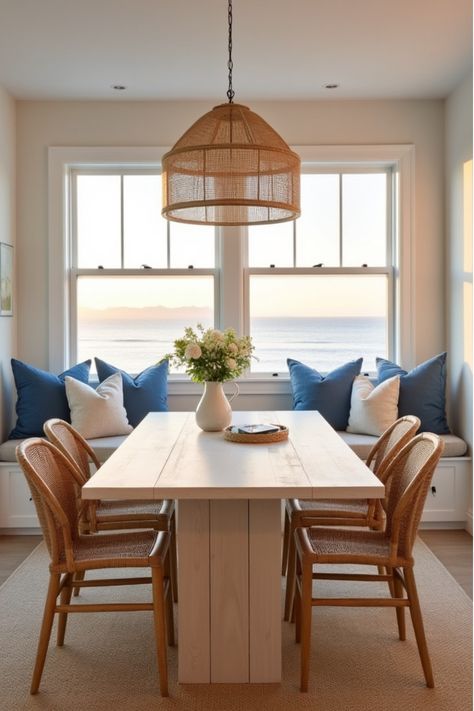 Coastal-inspired dining room with whitewashed table and rattan chairs Dining Table Beach House, Coastal Chic Dining Room, Elegant Shower Curtain Ideas, Modern Bathroom Shower Curtain, Ceiling Shower Curtain, Beachy Dining Room, Small Bathroom Solutions, Music Themed Decor, Seating Benches