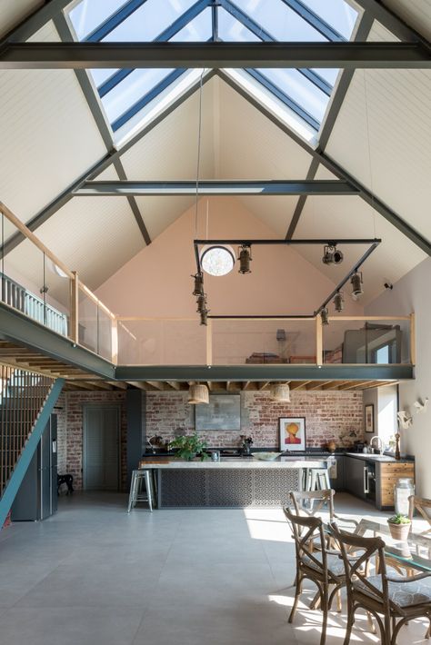 Photo 5 of 15 in An Idyllic “Glass Barn” in the English Countryside Asks £2.3M - Dwell Mezzanine Workspace, Renovated Barns, Barn Extension, Barn Conversion Interiors, Barn Office, Barn Restoration, Home Exteriors, Barn Interior, Barn Renovation