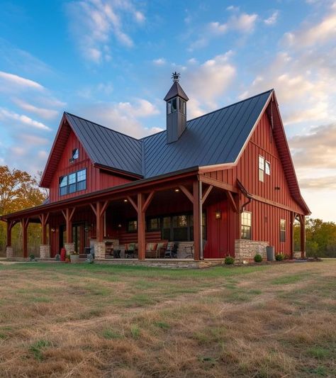 Barndominium Gallery Red Barndominium Exterior, Brown Barndominium, Barndominium Landscaping, Red Barndominium, Rustic Barn Homes, Exterior Upgrades, New House Construction, Barn With Living Quarters, House Aesthetics