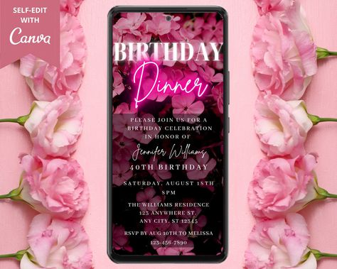 Pink Birthday Party Invitations, Phone Text Message, Birthday Dinner Invitation, 40th Birthday Party Invites, 50th Birthday Party Invitations, Pink Birthday Party, Invitation Floral, Facebook Event, 30th Birthday Parties