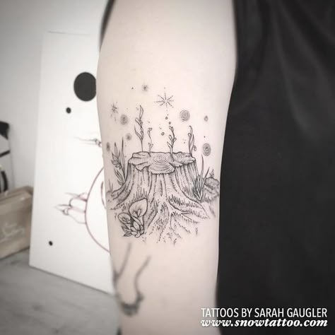 Tattoo Ideas Tree Stump Tattoo Ideas, Unique Patchwork Tattoo Ideas, Natural Tattoo Ideas, Mycelium Tattoo, Tree Trunk Tattoo, Tree Stump Tattoo, Stump Tattoo, The Giving Tree Tattoo, 116 Tattoo