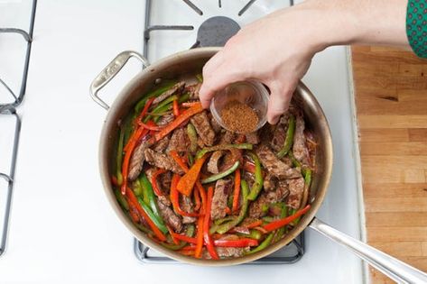 Recipe: Top Round Steak Fajitas with Guacamole & Whole Wheat Tortillas - Blue Apron Round Steak Fajitas, Steak Peppers, Meet Recipe, Top Round Steak, Wheat Tortillas, Cream Fresh, Fresh Guacamole, Round Steak, Whole Wheat Tortillas