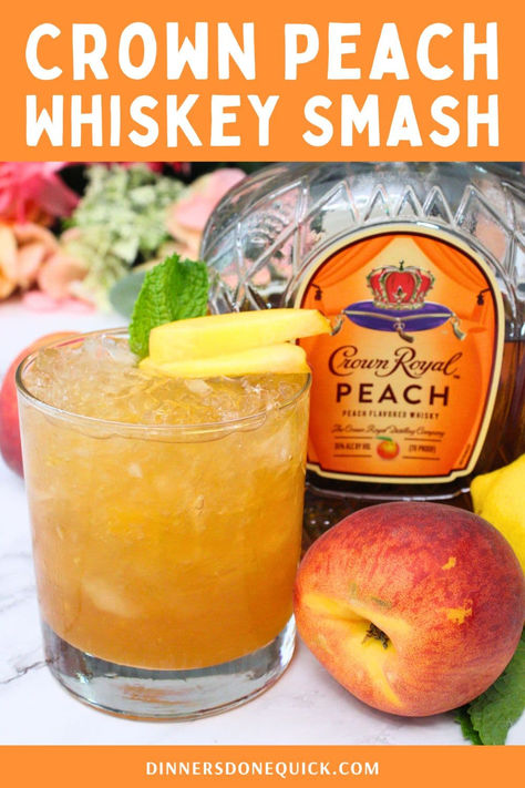 Quench your thirst with this refreshing Crown Peach Whiskey Smash cocktail! Made with Crown Royal Peach whiskey, fresh peaches, and a splash of lemon, this cocktail is the perfect blend of sweet and tangy. Ideal for summer gatherings or a relaxing evening, this whiskey smash is sure to impress your guests. Follow our easy step-by-step recipe and enjoy a deliciously fruity drink in no time! #PeachWhiskeySmash #CrownRoyalPeach #SummerCocktails #DinnersDoneQuick #WhiskeyCocktails Crown Peach Cocktail, Peach Smash Cocktail, Peach Crown Royal Recipes Easy, Peach Ring Cocktail, September Drinks Alcohol, Crown Peach Drinks Recipes Cocktails, Peach Alcoholic Drink, Peach Crown Royal Drink Recipes, Crown Peach Drinks