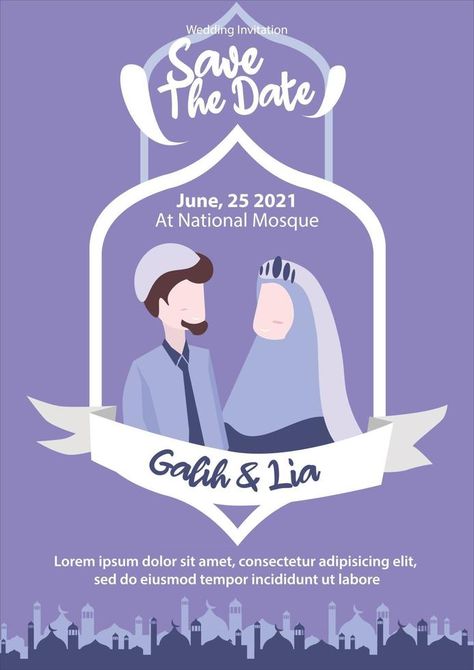 Islamic Save The Date, Muslim Couple Illustration, Wedding Invitation Purple, Purple Hijab, Islamic Mosque, Muslim Couple, Purple Wedding Invitations, Couple Illustration, Lorem Ipsum