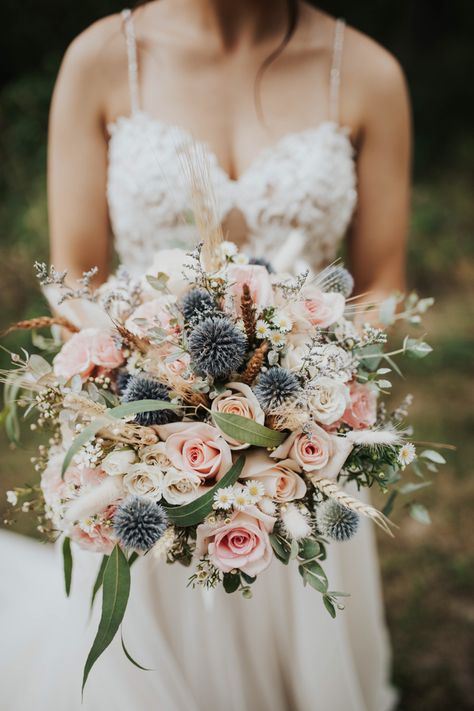 Blue Green Pink Bouquet, Blush Pink And Blue Bridal Bouquet, Pale Wedding Bouquet, Dusty Blue And Pink Bouquet, Bridal Bouquet With Thistle, Sage Green Navy Blue Blush Pink Wedding Flowers, Blue And Blush Wedding Decorations, Thistle Flower Bouquet, Dusky Blue And Pink Wedding