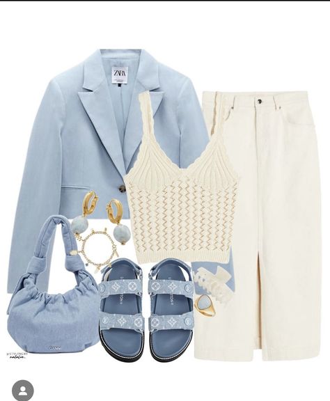 Denim Bag Outfit Street Styles, Denim Handbag Outfit, Cream And Blue Outfits, Denim Sandals Outfit, Cream Denim Skirt Outfit, Blue Sandals Outfit, Denim Bag Outfit, Blue Handbag Outfit, Jean Sandals Outfit