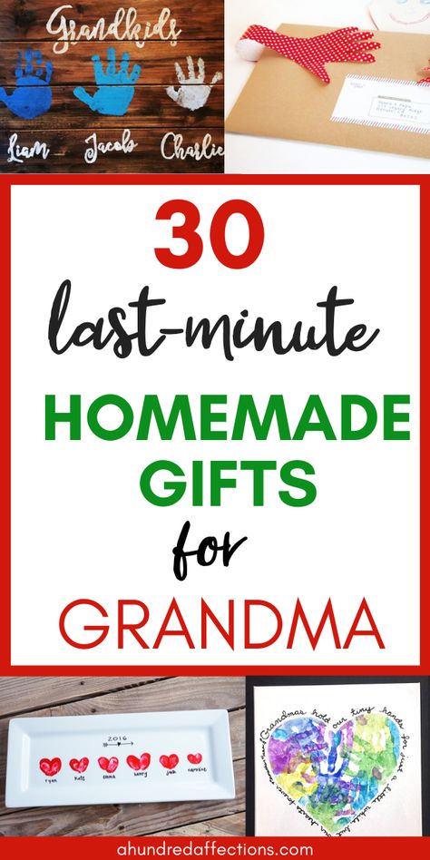 Are you scrambling to come up with a meaningful and adorable gift for Grandma from the kids? Here's help! You can choose from 30 homemade gifts the kids can easily and quickly make - guaranteed to put a smile on Grandma's face! Click here to get started! #homemadegifts #diygifts #giftsforgrandma #fromkids #easy #fast #christmas Diy Gifts For Great Grandparents, Homemade Gift Ideas For Grandma, Grandparents Diy Gifts, Grandparent Craft Gifts, Easy Gifts For Grandparents, Homemade Presents For Grandparents, Easy Grandparent Christmas Gifts, Homemade Nana Gifts, Mimi Birthday Gift From Kids