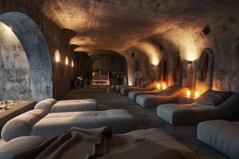 Modern underground bunker interior with a stylish living room. stock image Luxury Bunker Interiors, Bunker Home Underground Shelter, Bunker Ideas Underground, Bunker Aesthetic, Bunker Interior, Underground Hideout, Underground Room, Luxury Bunkers, Underground Bunkers