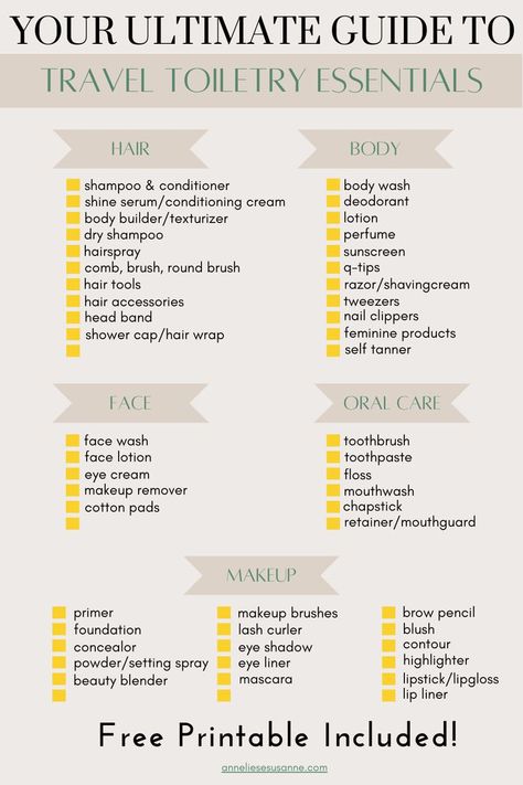 Your Ultimate Guide to Travel Toiletry Essentials Printable Toiletry Travel List, Travel Nessecities Lists, Traveling Toiletries List, Travelling Essentials For Women, List Of Toiletries For Women, Holiday Toiletries List, Travel Toiletry Bag List, Toiletry Packing List Women, Travel Essentials Toiletries