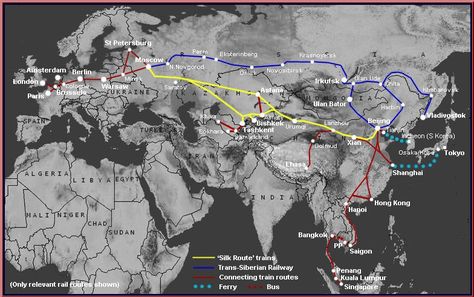 The Silk Route and Central Asia by Train.  The most usual route from Europe to China is via the classic Trans-Siberian Railway, shown in blue on the map below.  But there is another route now open to foreigners, the so-called 'Silk Route' via Kazakhstan, shown on the map in yellow.  You can also use trains to reach Central Asia from Europe and Moscow.  This page will explain routes, train times, costs and how to buy tickets. Trans Siberian Railway, Train Route, Silk Route, Train Times, Plan Book, Orient Express, Harbin, Route Map, Train Journey