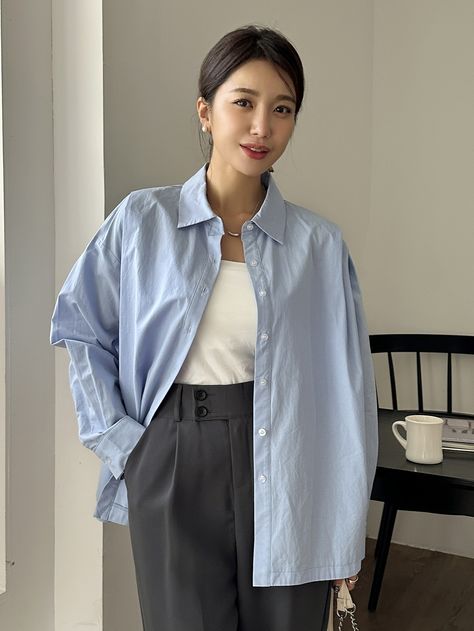 Blue Casual Collar Long Sleeve Fabric Plain Shirt Embellished Non-Stretch Spring/Summer Women Clothing Blue Button Shirt Outfit Women, Blue Shirt Outfit Aesthetic, Blue Button Up Shirt Outfit, Blue Blouse Outfit, Button Shirt Outfit, Brown Jacket Outfit, Ladies Shirts Formal, Blue Colour Shirt, Button Down Outfit