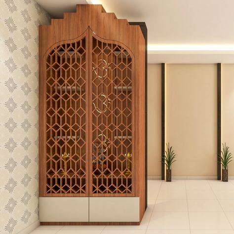 Jali Mandir Design, Dev Ghar Door Design, Pooja Room Jaali Design, Puja Unit Door Designs, Pooja Unit With Door, Mandir Jaali Designs, Open Pooja Room, Temple Design For Home Living Rooms, Pooja Unit Designs Modern