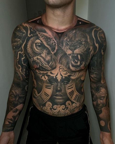 Full Chest And Stomach Tattoo Men, Mens Full Stomach Tattoo, Men’s Torso Tattoos, Creative Chest Tattoos For Men, Half Stomach Tattoos, Animal Chest Tattoo Men, Chest And Stomach Tattoos Men, One Chest Tattoo, Full Torso Tattoo Men