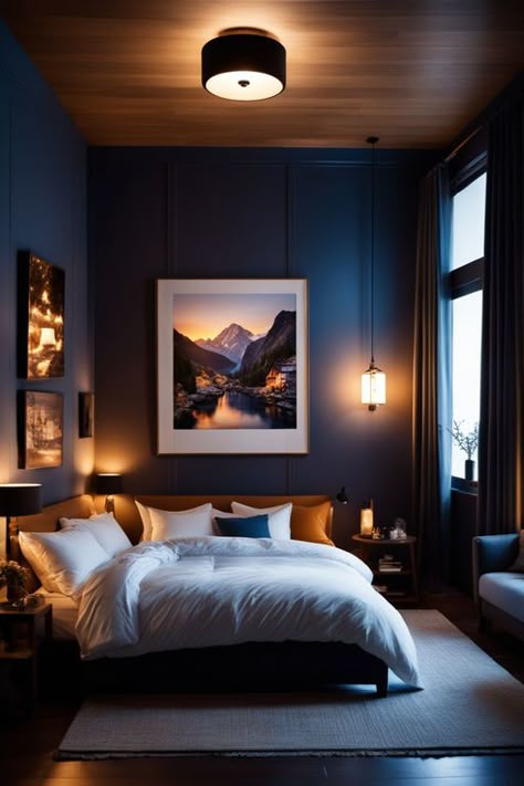 Dark Bedroom Walls, Dark Blue Rooms, Dark Blue Bedrooms, Blue Bedroom Walls, Moody Bedroom, Dark Bedroom, Cosy Bedroom, Bedroom Wall Colors, Bedroom Decor Ideas