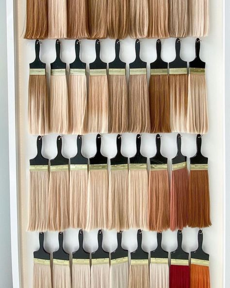 Hair Extension Wall Ideas, Hair Extensions Salon Decor, Hair Extension Wall Display, Bellami Hair Extensions Colors, Hair Extension Salon Decor, Hair Extension Wall, Hair Extension Display Ideas, Hair Extensions Display, Hair Extension Display