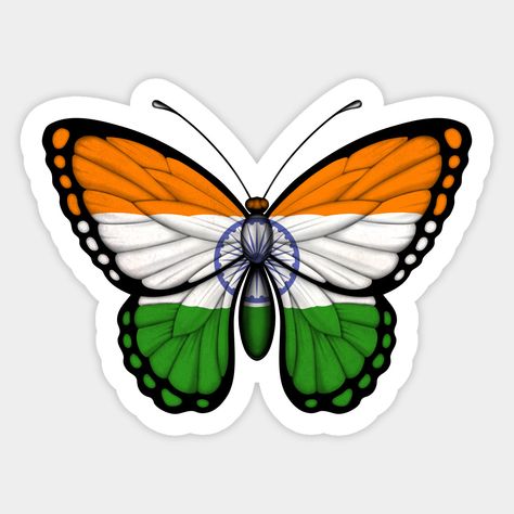 This unique design features the flag India on a beautiful butterfly. The flag contours to the details in the wings and curves around the body of the butterfly giving it a realistic look. The edges of the wings are painted black which frames the Indian flag inside of the pattern. This wonderful flying creature is a perfect combination of nature and patriotism. -- Choose from our vast selection of stickers to match with your favorite design to make the perfect customized sticker/decal. Perfect to Indian Flag Design, Indian Stickers, Indian Flag Colors, Flag India, Shirt Painting, Art Journal Resources, India Independence, Bollywood Pictures, India Flag