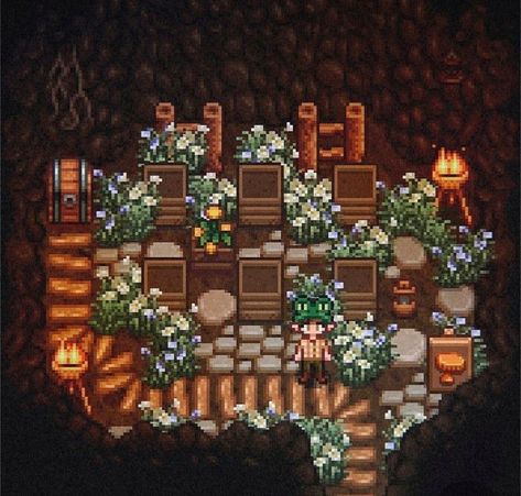 Stardew Valley Starter House, Modded Stardew Valley Farm, Stardew Valley Mushroom Cave Layout, Stardew Valley Grandpa Farm, Stardew Obelisk Layout, Hill Top Farm Stardew Valley, Stardew Valley Cave Layout, Cute Stardew Valley Farm Layout, Stardew Valley Mines Decoration