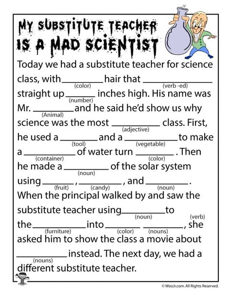 Mad Scientist Mad Lib Funny Mad Libs, Halloween Mad Libs, Halloween Mad, Halloween Science, Ad Libs, Substitute Teaching, Halloween Classroom, Mad Libs, Substitute Teacher