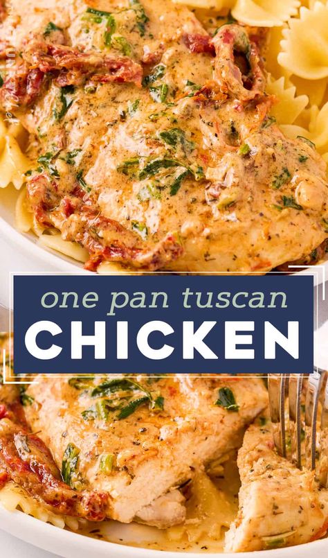 Chicken Dinner Recipes One Pan, Best One Pan Dinners, Chunky Chef Recipes, One Pan Dinners Chicken Pasta, Easy Tuscan Chicken, One Pan Tuscan Chicken, One Pan Chicken Breast Recipes, One Pan Italian Chicken, One Pot Tuscan Chicken