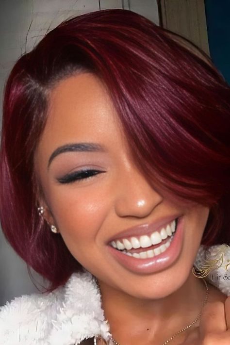 Burgundy Bixie Cut Short Bob Burgundy Hair, Burgundy Highlights Black Women, Burgundy Bob Hair, Burgundy Short Hair Black Women, Maroon Short Hair, Burgundy Hair With Blonde, Purple Burgundy Hair Color, Dyed Bob, Burgundy Short Hair