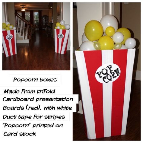 Movie party decorations - fold the board "inside-out", the presentation board is scored on the brown side to fold at an angle. Used double sided tape to stick balloons together Movie Party Balloons, Diy Popcorn Box With Balloons, Balloon Popcorn Decoration, School Movie Night Decorations, Movie Theater Trunk Or Treat Ideas, Trunk Or Treat Movie Theater, Movie Theater Party Decorations, Movie Night School Event, At The Movies Church Decor