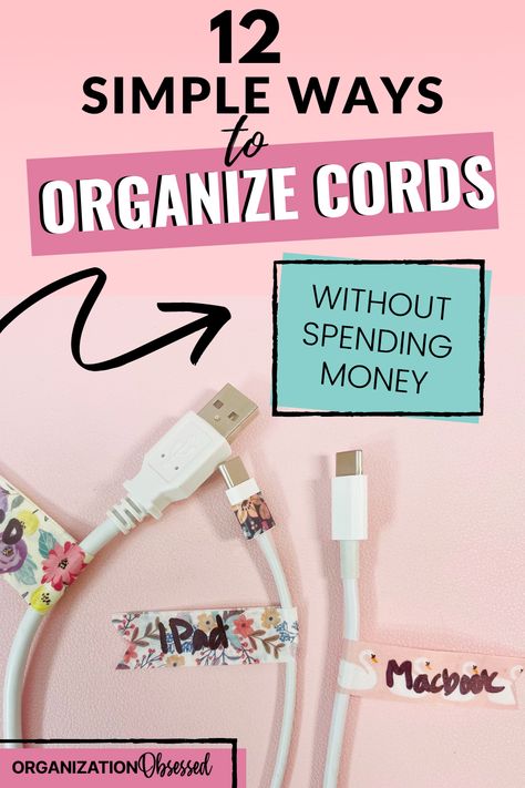 Organize cords and cable easily with these 12 cord clutter tips. These simple ways to organize cords will help you organize all your cords fast and even for free! Don't miss these budget friendly organizing ideas and organizing tips! Office Cord Organization, Label Cords Organizing Ideas, Storing Cords Organization Ideas, How To Label Charger Cords, Electronic Cord Storage Ideas, Organize Charging Station, Electrical Cord Storage Ideas, Organizing Electronics Cords, Charging Cord Storage