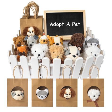 PRICES MAY VARY. Package Includes:This set includes 12 mini plush dogs,12 kraft paper tote bags having round holes,10 plastic fencing pieces and 1 wooden board, along with 1 liquid chalk for labeling or decoration purposes.These cute stuffed dogs bulk are perfect for dog lovers and dog parties Proper Size:The mini stuffed dog measures approx. 4.7 inches,are suit for a soft and adorable party favor;Each paper dog home is about 7.8x 5.9 x 3.15 inches, which is compact, lightweight and portable to Dog Centerpiece Ideas, Paw-ty Birthday Party, Adopt An Animal Party Favor, Dogs 1st Birthday Ideas, Dog 1st Birthday Ideas, Puppy Dog Themed Birthday Party, Adopt A Pet Party, Adopt A Puppy Party, Dog Adoption Party