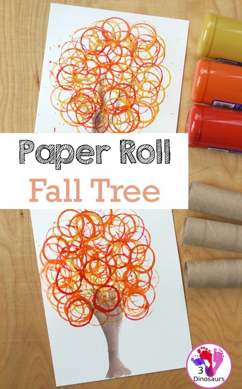 Paper Roll Stamped Fall Tree - An easy fall tree painting that kids can do in a few easy steps - 3Dinosaurs.com #craftsforkids #falltreepainting #3dinosaurs #processart Paper Roll Fall Tree, Fall Art Crafts Preschool, Crafts For 2 Year Kids At Home Fall, Arts And Crafts For 1 Year, Fall Art Activity For Toddlers, Dramatic Play Tree Study, Fall Science For Preschool, Fall Craft Toddler Easy, Fall Kids Painting Ideas