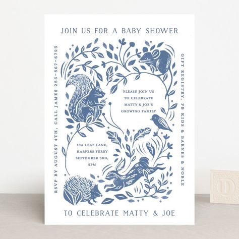 Lino Woodland Baby Shower Invitations by Sarah Knight | Minted Gender Neutral Baby Shower Themes, Mint Baby Shower, Whimsical Baby Shower, Fairy Baby Showers, Sarah Knight, Pb Kids, Baby Shower Woodland Theme, Woodland Critters, Woodland Baby Shower Invitations