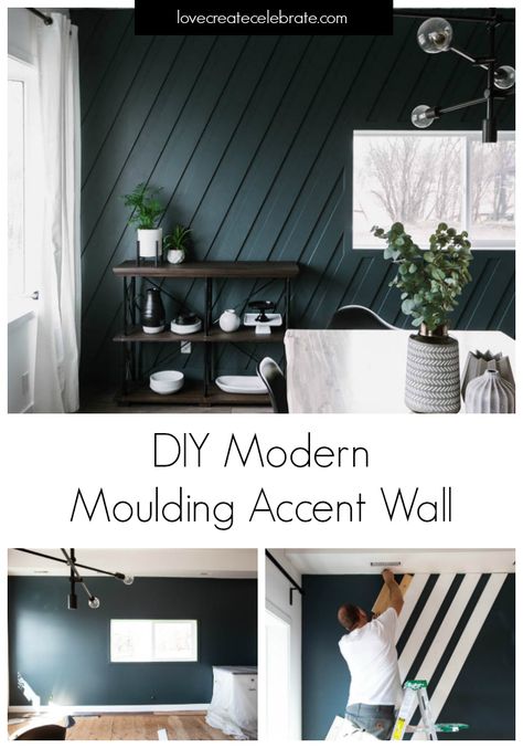 Gorgeous Modern Moulding Accent Wall! Make your own stunning feature wall with this simple DIY tutorial! Looks amazing in this modern dining room, but would be beautiful in an entry, bedroom, living room, etc! Love the transformation. Beautiful dark walls and paint colours in this space! A modern take on wainscotting or board and batten! #accentwall #featurewall #diningroom #Behr #metrie #moulding #molding Moulding Accent Wall, Modern Moulding, Small Apartment Decorating Living Room, Feature Wall Living Room, Minimalist Living Room Decor, First Apartment Decorating, Accent Walls In Living Room, Accent Wall Bedroom, Living Room Decor Ideas