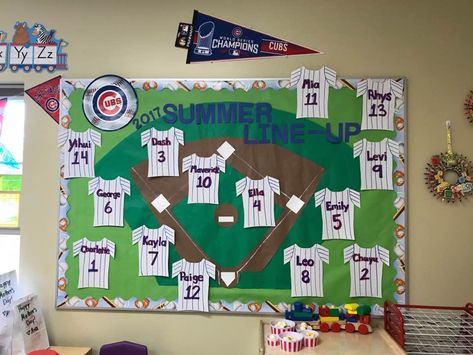 Chicago Cubs bulletin board for the sports themed classroom Sports Reading Bulletin Board, Sport Themed Bulletin Boards, Baseball Theme Bulletin Board Ideas, Sports Themed Bulletin Boards, Baseball Themed Bulletin Boards, Sports Theme Classroom Bulletin Board, Sports Theme Bulletin Board Ideas, Sports Classroom Door, Sports Themed Classroom Ideas