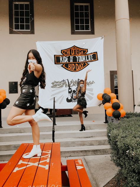 Harley Davidson Bid Day Theme, Race Car Sorority Theme, Sorority Bid Day Themes, Sorority Themes, Spring Recruitment, Recruitment Themes, Recruitment Ideas, Sorority Ideas, Social Themes