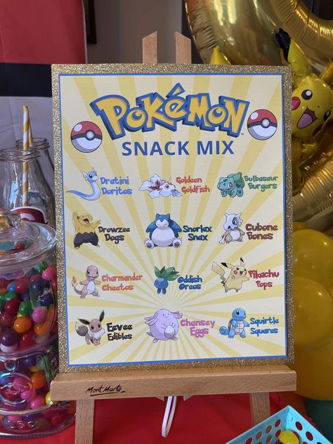 Pokemon Birthday Candy Table, Pokemon Themed Party Games, Pokemon Party Snacks Food Ideas, Pokemon Theme Food, Pokemon Themed Party Food, Pokemon Dinner Ideas, Pokémon Birthday Food Ideas, Pokemon Food Labels Free Printables, Pokemon 6th Birthday Party