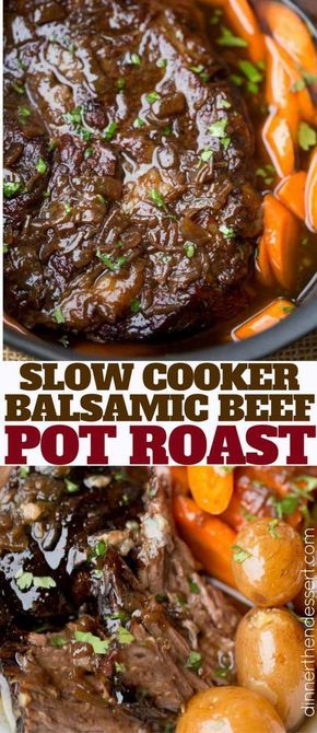 One pot meal, this Slow Cooker Balsamic Pot Roast has carrots and potatoes too. Balsamic Pot Roast, Crockpot Pot Roast, Pot Roast Crock Pot Recipes, Chuck Roast Recipes, Beef Pot Roast, Slow Cooker Roast, Crockpot Roast, Paleo Crockpot, Pot Roast Slow Cooker