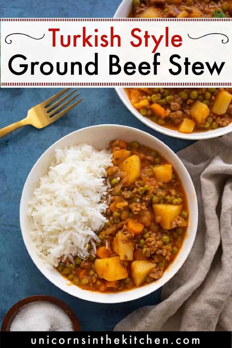 This Turkish style ground beef stew is hearty and perfect for a weeknight dinner. Packed with vegetables and spices, this stew can be served on its own or with some rice, bread or a side salad. Turkish Minced Beef, Turkish Stew Recipes, Turkish Ground Beef Recipes, Turkish Beef Stew, Minced Beef Stew, Ground Beef With Vegetables Recipes, Minced Veal Recipes, Turkish Beef Recipes, Ground Beef And Feta Recipes