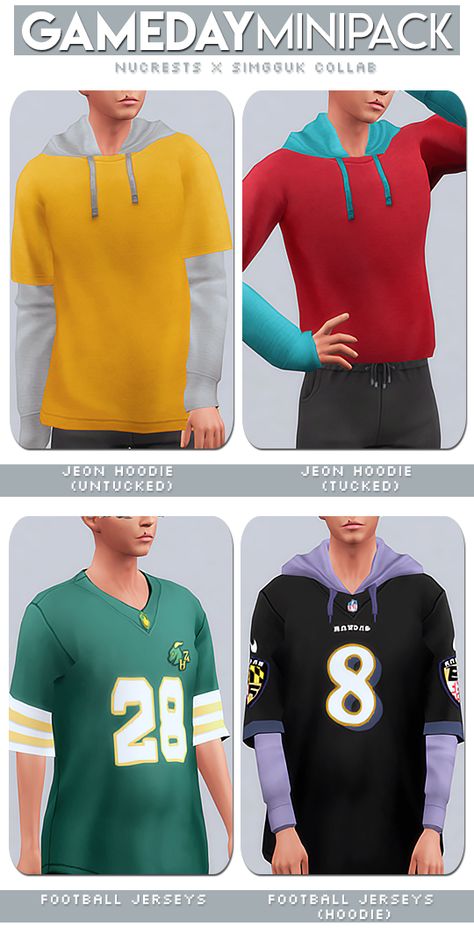 gameday minipack 🏈 // collab with @nucrests | simgguk on Patreon Sims 4 Male, Sims 4 Men Clothing, Sims 4 Male Clothes, Pelo Sims, Sims 4 Mm Cc, Sims 4 Teen, Sims 4 Characters, Sims 4 Mm, Sims 4 Toddler