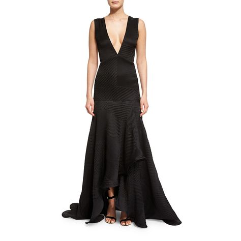 Jason Wu Black V Neck Plisse Gown-Meghan Markle - Dress Like A Duchess Meghan Markle Dress, Plunging V Neck Dress, V Neck Gown, Womens Evening Wear, Jason Wu Dress, Flared Dresses, Gowns Black, Fitted Tops, Dreamy Gowns