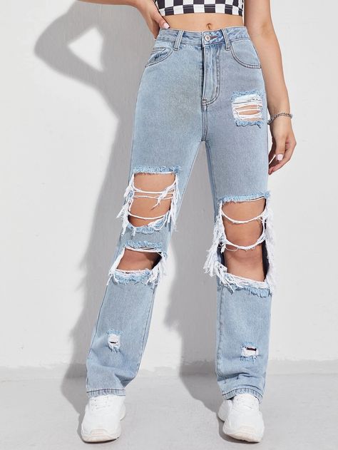 Light Wash Destroyed Detail Boyfriend Jeans | SHEIN USA Ripped Straight Leg Jeans, Cute Ripped Jeans, Ripped Boyfriend Jeans, Jeans High Waist, Cute Pants, Outfit Jeans, Tween Outfits, Cute Jeans, Pants Blue